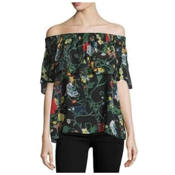 Tibi Seville Black Floral Silk Off Shoulder Ruffle Top Size M - Picture 1 of 7